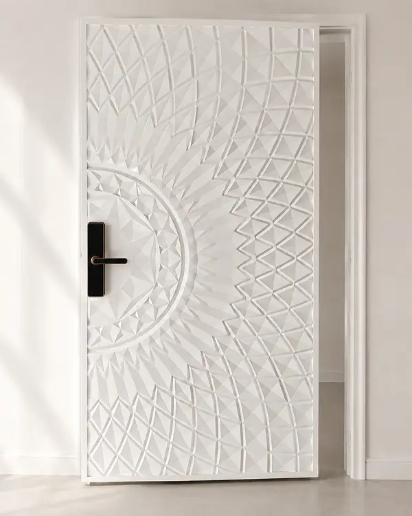 White Geometric Relief Door with Smart Lock | Modi Interiors Jaipur — image 1