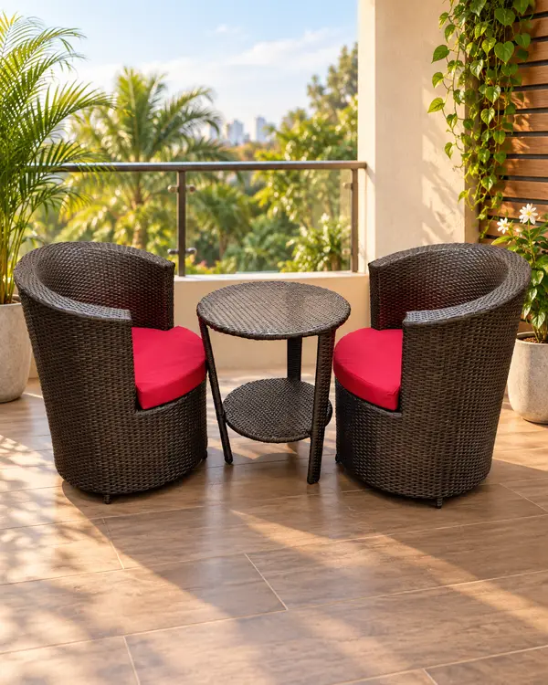 Balcony Wicker Chair Set with Red Cushions — image 1
