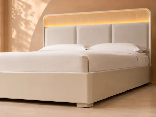 Cream Upholstered Bed with LED Headboard — frame detail