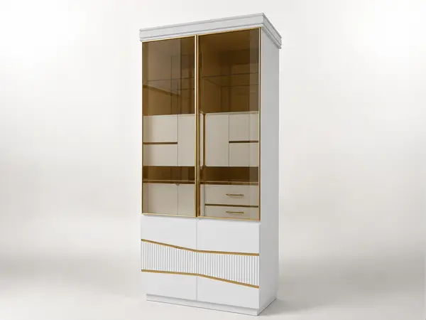 White Lacquer Cabinet with Crown Moulding & Diagonal Gold Band — image 1