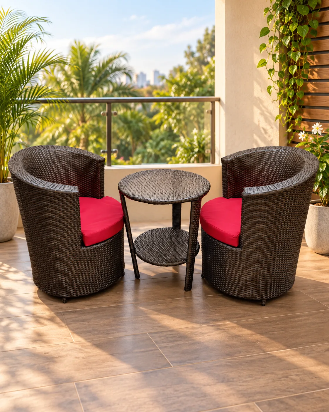 Balcony Wicker Chair Set with Red Cushions