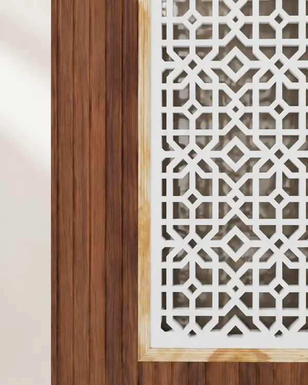 Reddish Wood Jali Door with Geometric Lattice | Modi Interiors Jaipur — image 2
