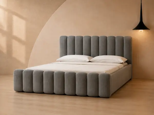 Grey Scalloped Channel Upholstered Bed — angled view