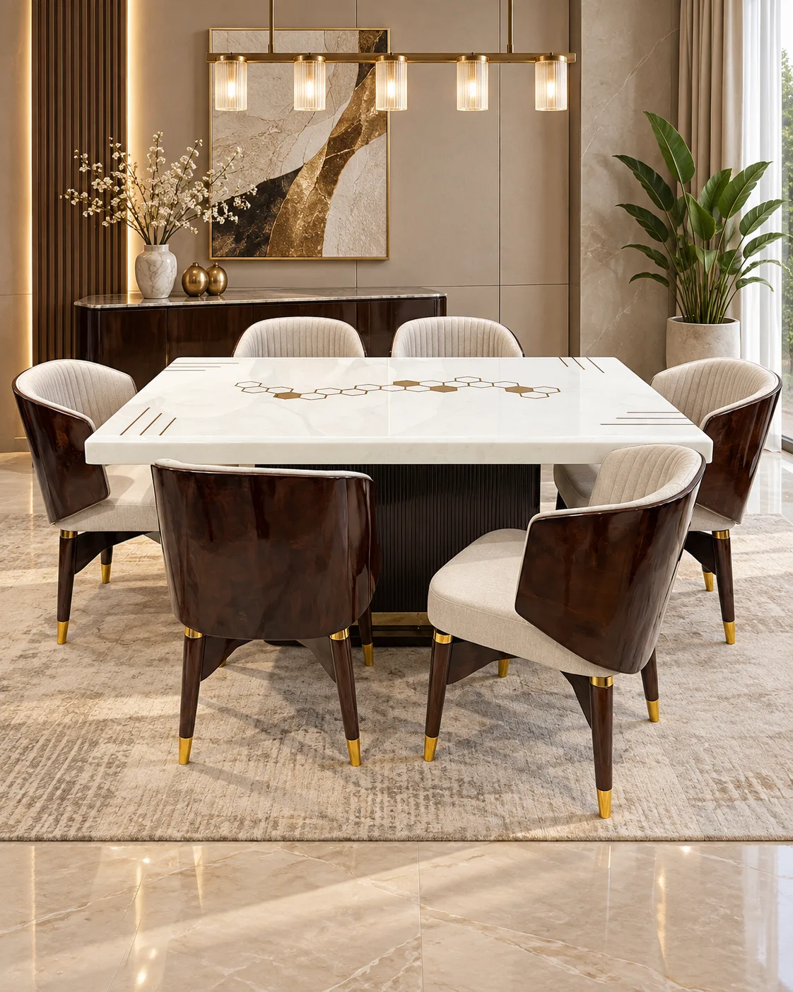 White Marble Dining Table with Walnut Shell Chairs
