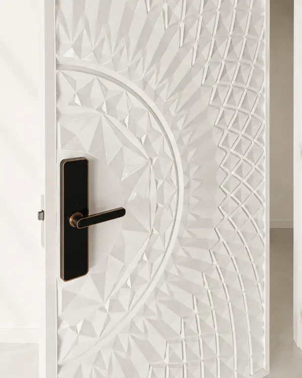 White Geometric Relief Door with Smart Lock | Modi Interiors Jaipur — image 2