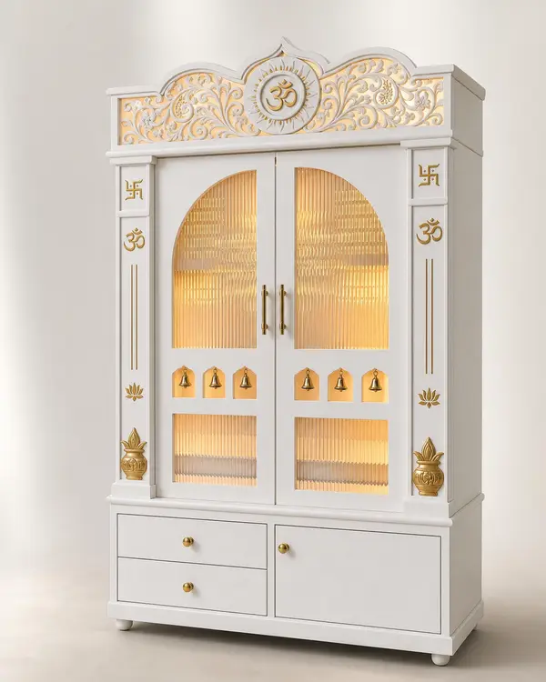 White Mandir with Gold Om Crown & Glass Doors — image 1