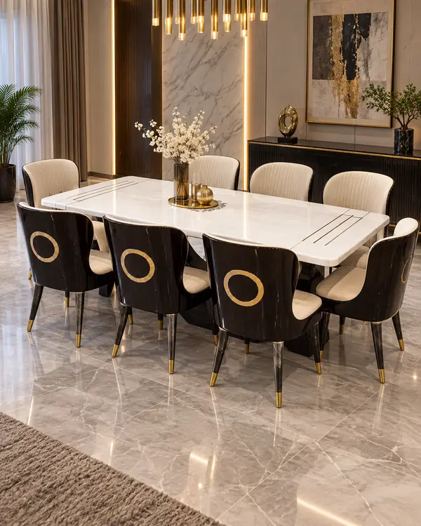 Luxury White Dining Table with Gold Ring Chairs — image 1